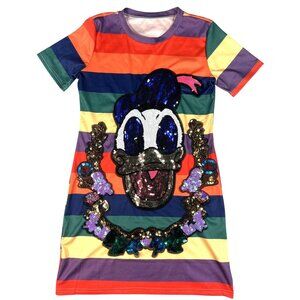 Donald Duck Sequin Embellished Rainbow Striped Dress  Size M  65% Polyester 35%